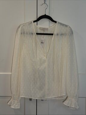 LOFT Cream Swiss Dot Tie-Neck Peasant Top